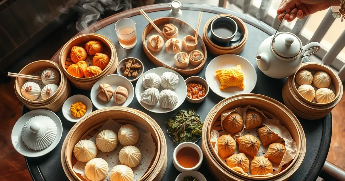 Traditional dim sum spread with various dumplings and buns in bamboo steamers on round table with tea service" (95 caractères)
