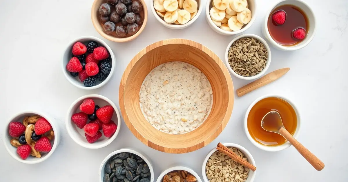 Circular arrangement of oatmeal toppings including fresh berries, sliced bananas, nuts, seeds, honey and cinnamon