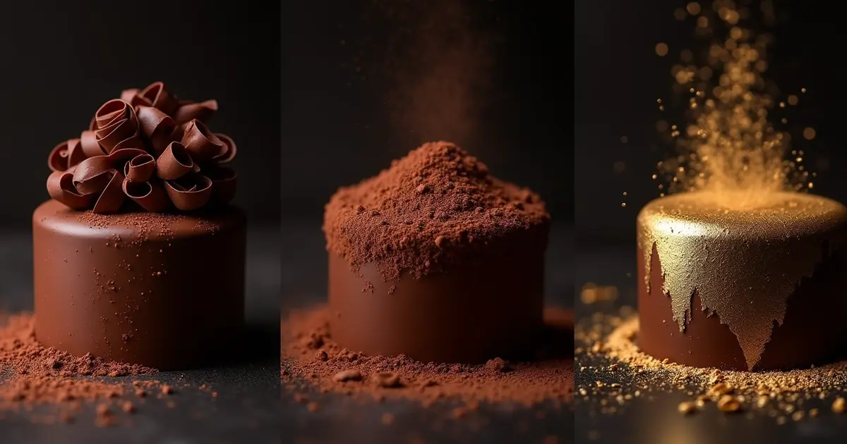 Close-up of chocolate cake decoration techniques: chocolate curls, cocoa powder dusting, and edible gold leaf application