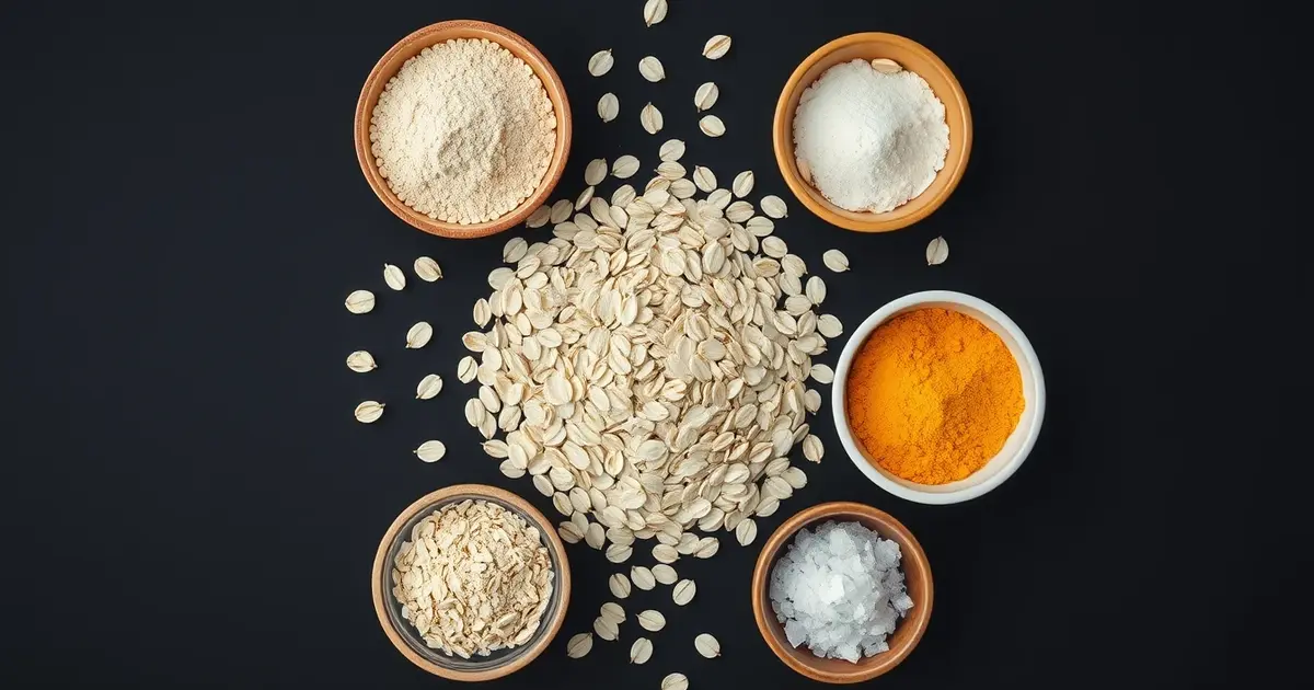 Educational display of oats surrounded by small bowls containing protein, fiber, minerals and vitamins