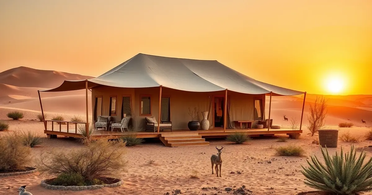 Sustainable desert accommodation Dubai Conservation Reserve eco-friendly luxury Bedouin-inspired architecture responsible tourism