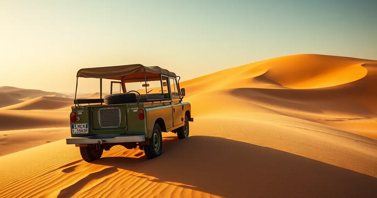 Dubai Desert Conservation Reserve morning safari vintage Land Rover sand dunes sunrise sustainable tourism exploration