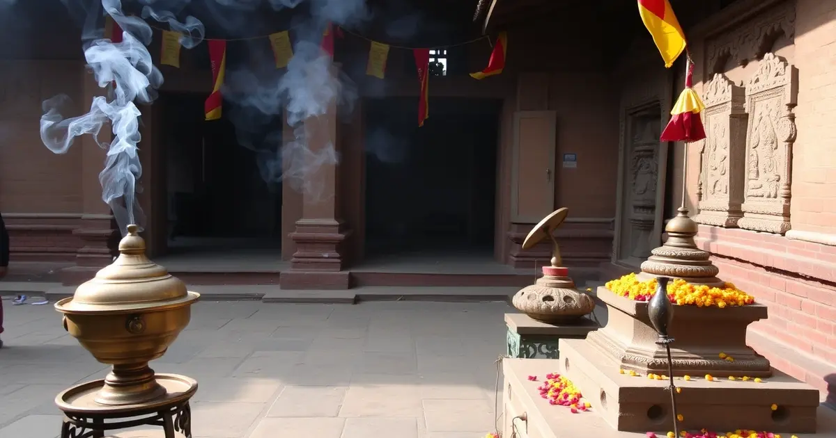Panauti Nepal morning rituals temple courtyard incense offerings prayer flags spiritual traditions ancient architecture dawn