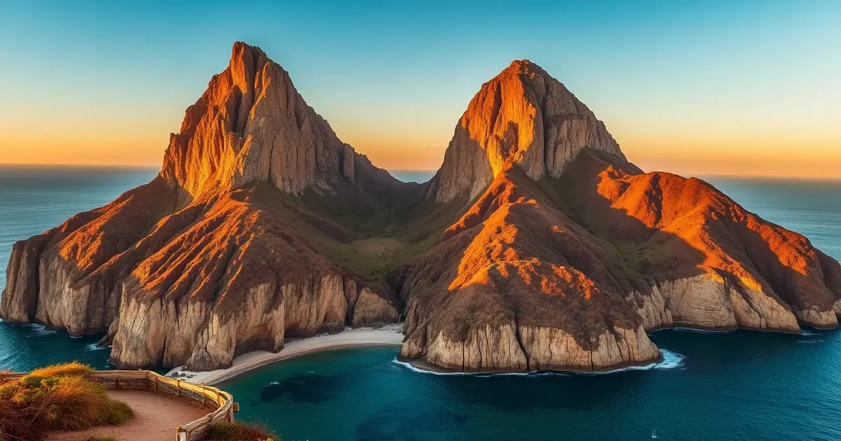 Morro Dois Irmãos Fernando de Noronha Brazil twin peaks volcanic formation iconic landmark sunset golden light ocean