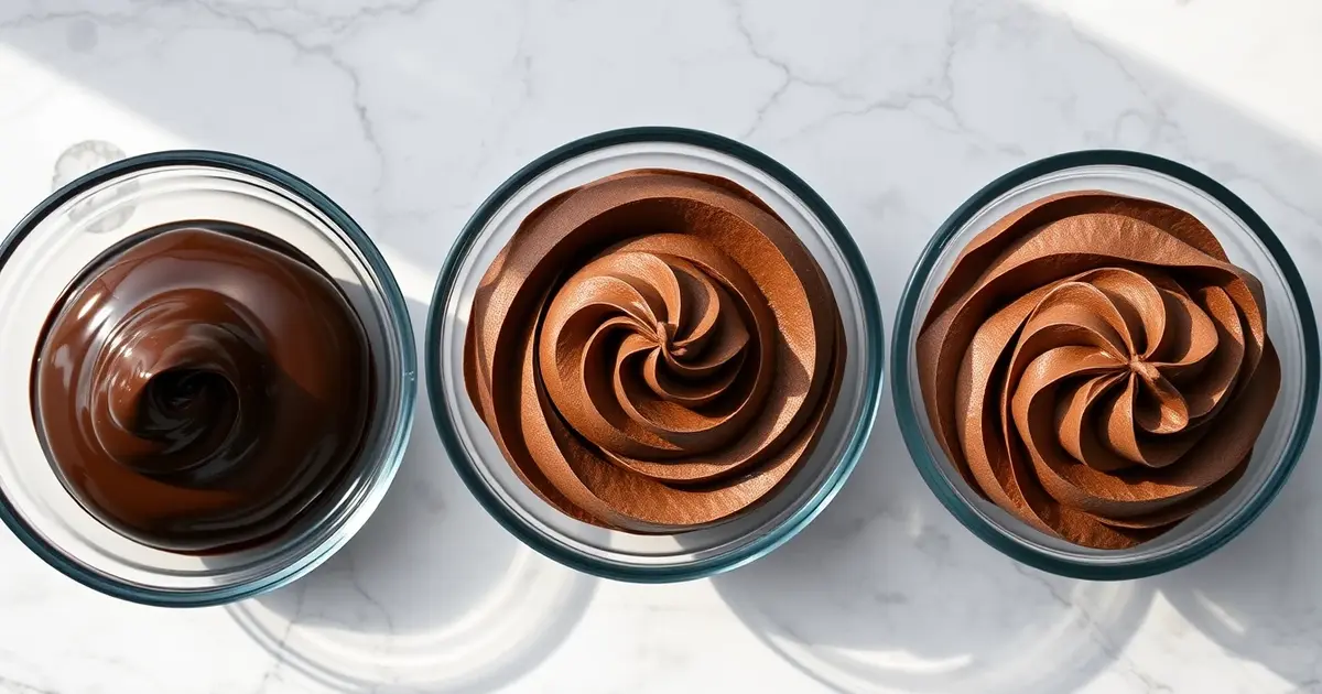 Three chocolate frosting types in glass bowls: glossy ganache, fluffy Swiss meringue buttercream, and whipped ganache