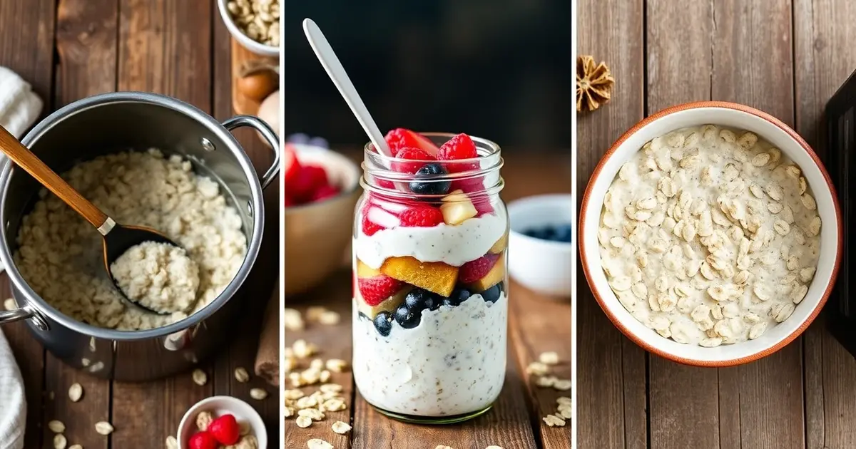 Three oatmeal preparation methods shown side by side: stovetop pot, overnight oats jar, and microwave bowl