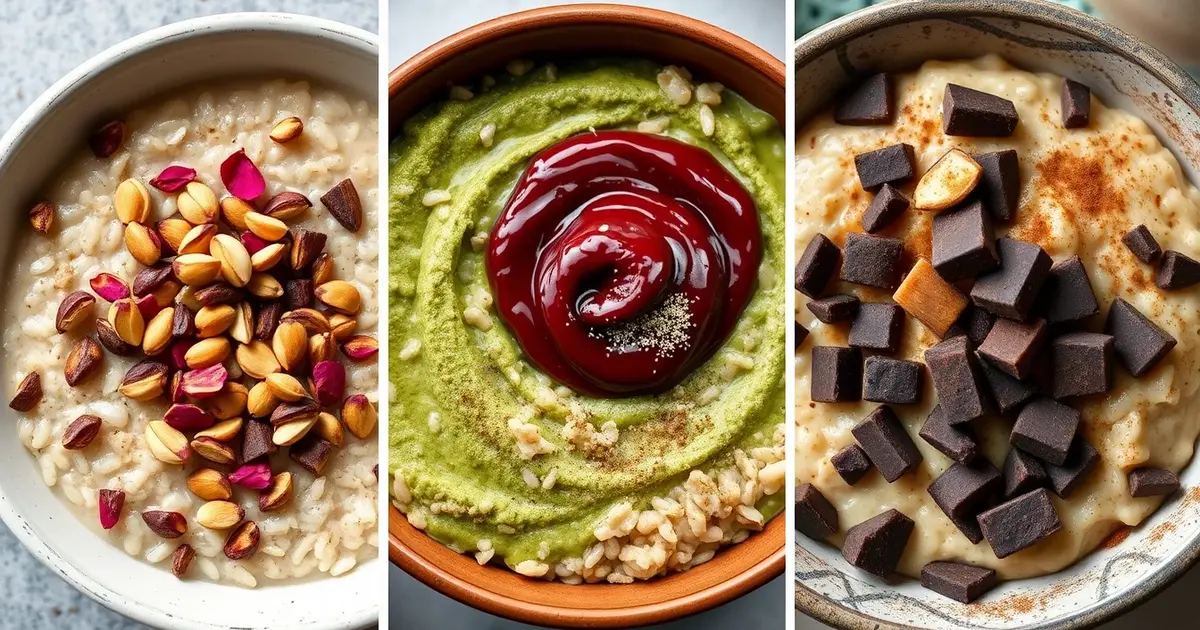 Three cultural oatmeal variations: Indian with cardamom and pistachios, Japanese with matcha, Mexican with cinnamon and chocolate