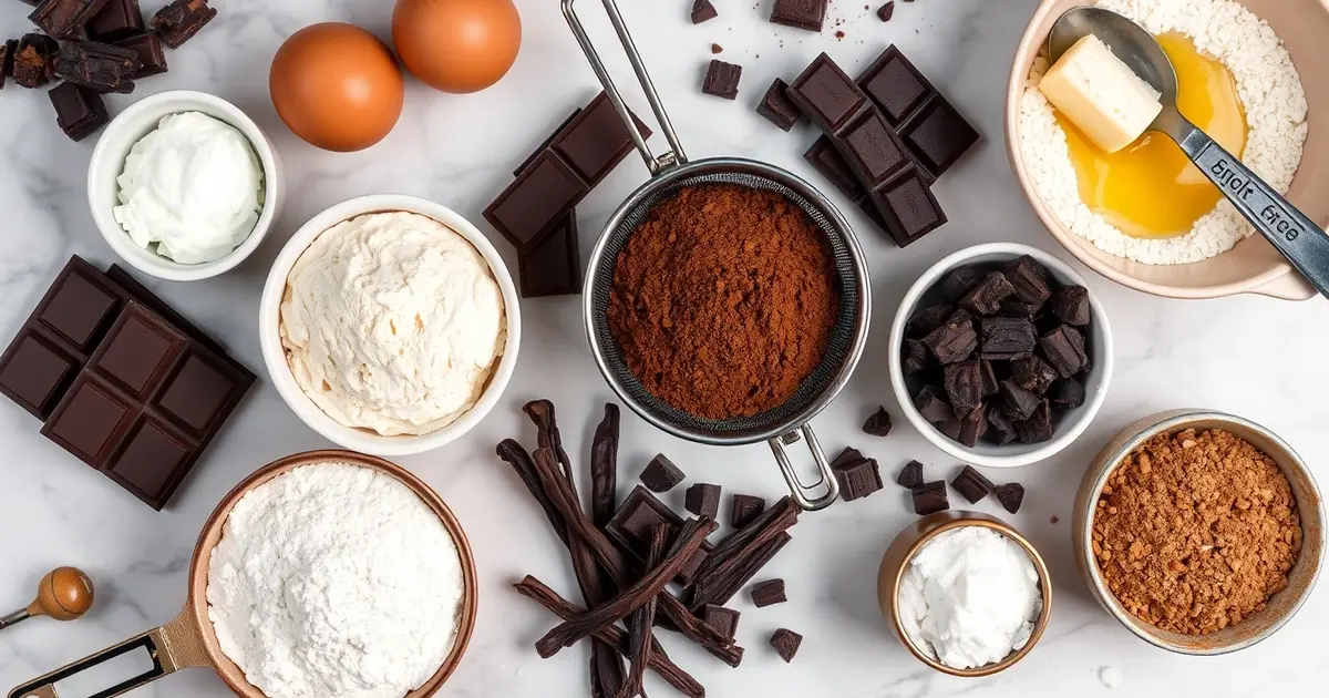 Premium chocolate cake ingredients arranged on marble surface: dark chocolate, cocoa powder, butter, eggs, vanilla beans and flour